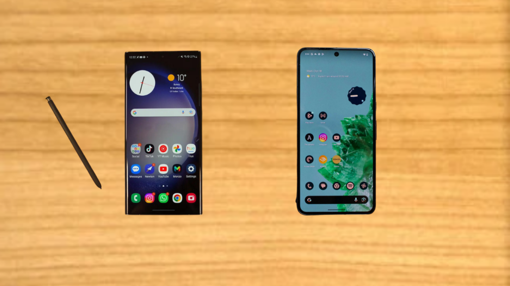 the s24 ultra and google pixel 8pro on a brown table
